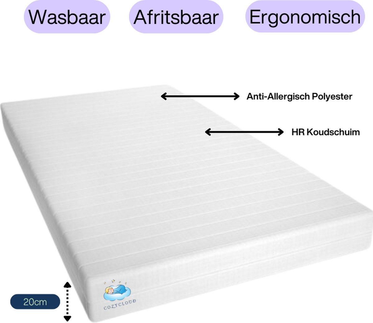 CozyCloud® Luxe HR Koudschuim Matras 140x200 cm - 20 cm Hoog - Ondersteunend - Ergonomisch Drukverlagend - Antiallergisch & Wasbaar
