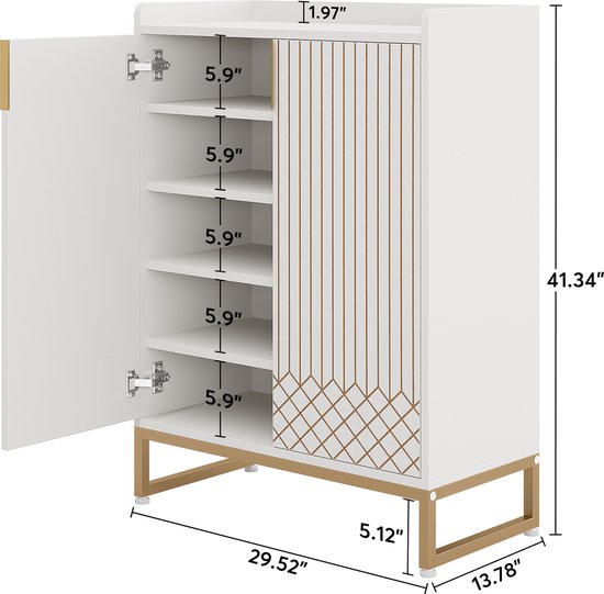 Afmetingen van de witte schoenenkast met gouden lijnen en open deuren.