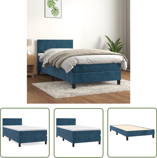 The Living Store Boxspring met matras fluweel donkerblauw 90x200 cm - Boxspringbed - Donkere Kleuren - Fluweel - Tweepersoonsslaapcomfort - Hoofdbord