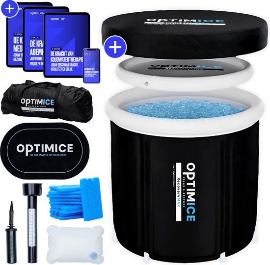OPTIMICE IJsbad All in Pakket - Inclusief Koelelementen, E-Books (Koudwater Therapie, Meditatie, Ademhaling), Thermometer & Draagtas - Zitbad - Wim Hof - Ice Bath - Opvouwbaar en Inklapbaar