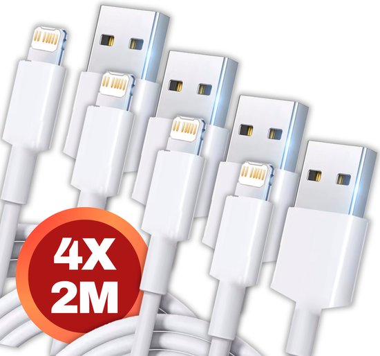 USB naar Lightning Kabel - 4 stuks - 2 meter - Wit - Geschikt voor iPhone 14 / 14 PRO / 14 MINI / 14 PRO MAX / 13 / 13 PRO / 13 MINI / 13 PRO MAX / 12 / 12 PRO / 12 PRO MAX / 11/ 11 PRO (MAX) / XS / XR/ X / 8 / 8+/ SE / USB-A Lighting kabel