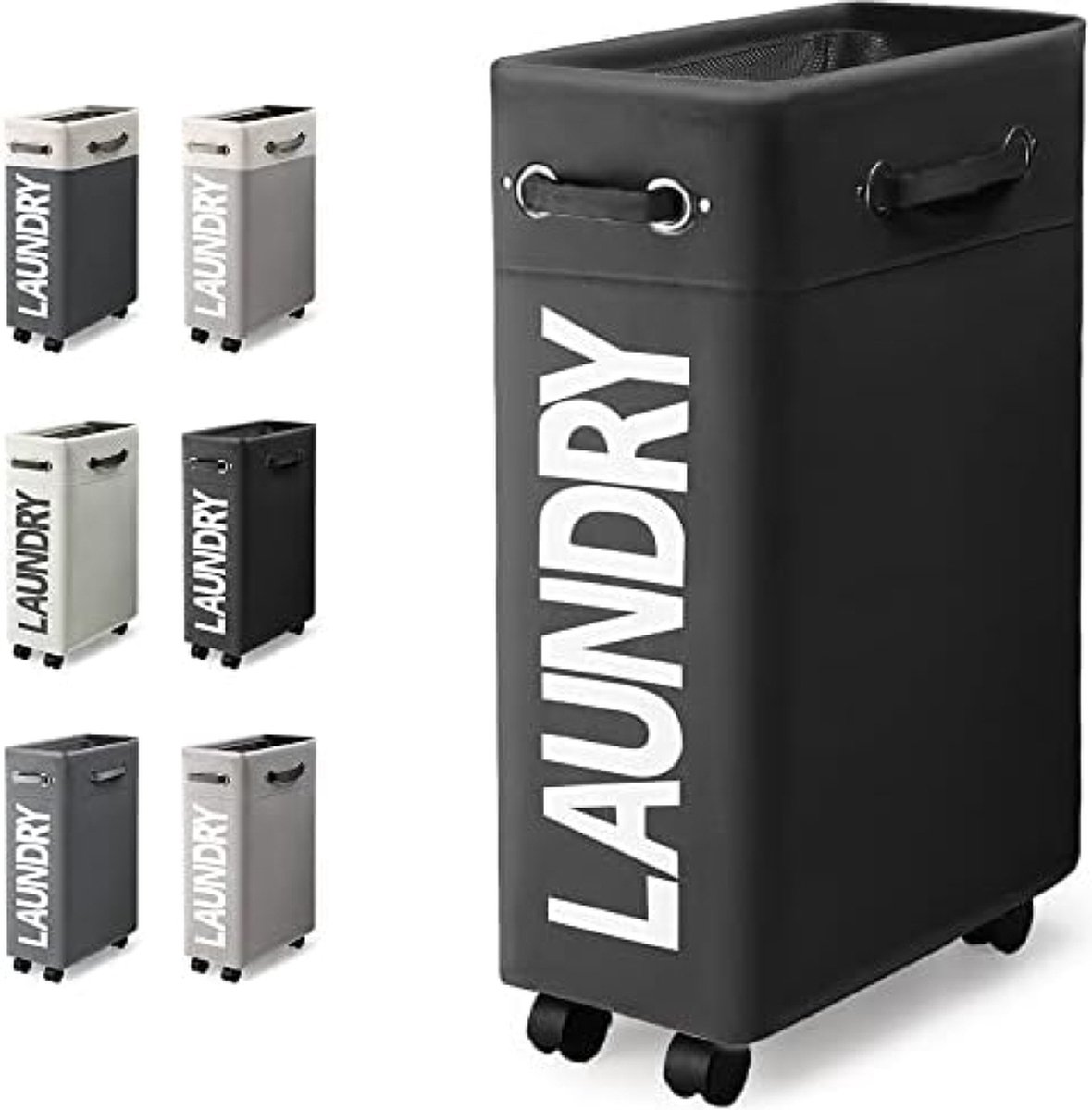Goedkoopste Wasmand met Wieltjes 45L Extra Smal Inklapbare Wasmand met Wielen Opvouwbare Dunne Wasmand met Handvat Praktische Opbergboxvoor Slaapkamers en Wasruimte (Zwart o2