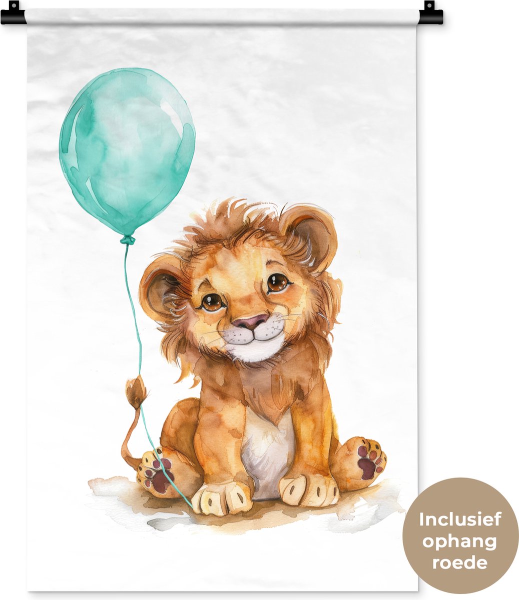 Wandkleed 60x90 cm - Wanddoek Leeuw - Baby dier - Blauwe ballon - Wandtapijt - Wandkleden
