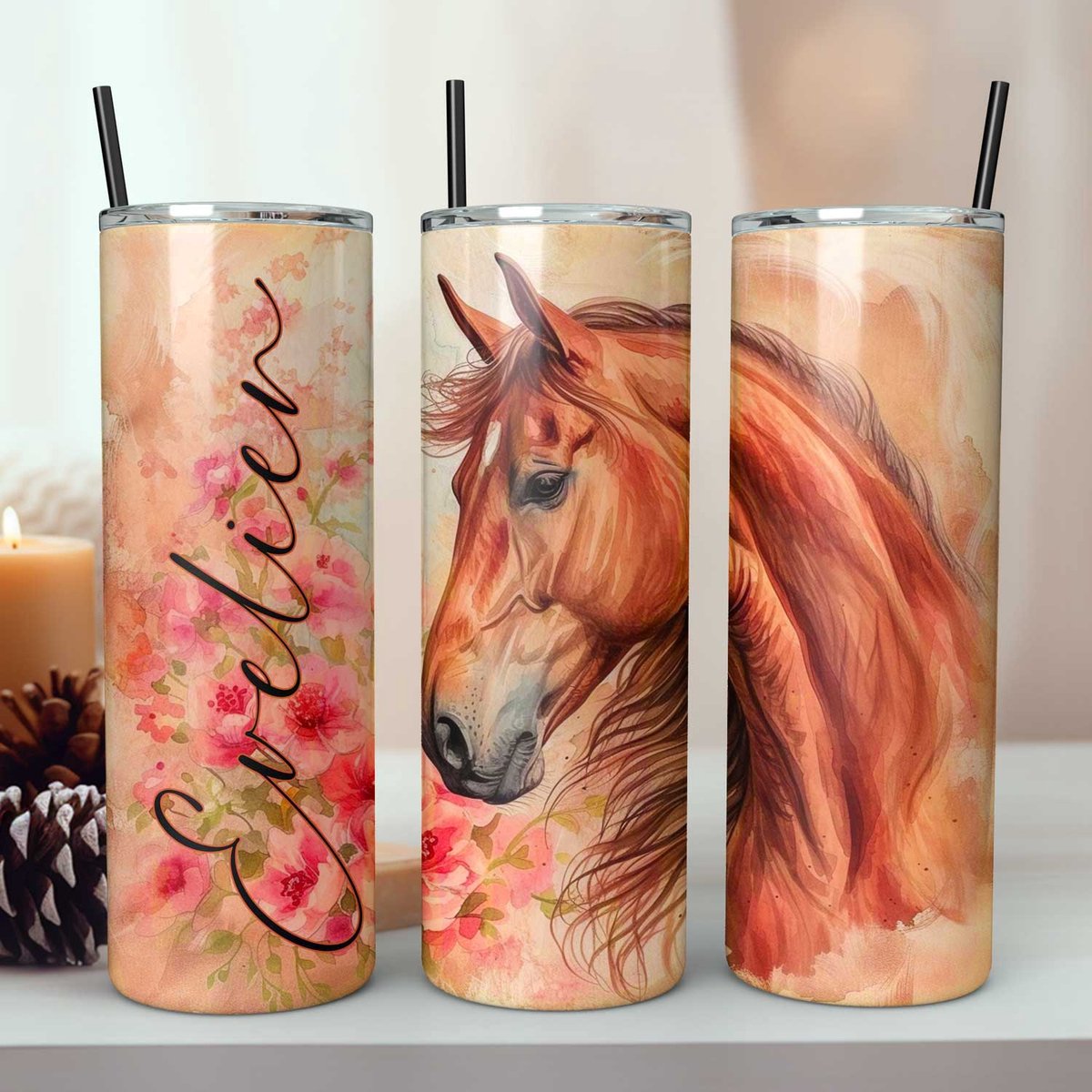 Creasowl® - Gepersonaliseerd paarden cadeau - Tumbler - Met rietje - Geïsoleerde roestvrijstalen drinkbeker met deksel - Thermosbeker - Thermosfles - Schoolbeker- Cadeau voor paarden liefhebber - Paarden cadeaus meisje - Paardencadeaus