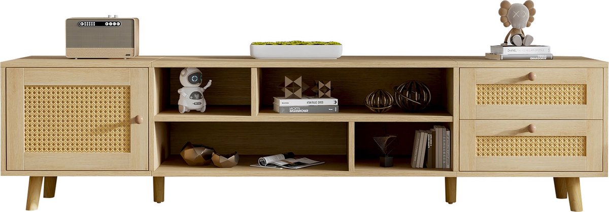 Merax TV-meubel 160 cm Houtkleur met Rattan - Geschikt voor 70-inch TV - Kabelmanagement - 2 Lades - 1 Deur