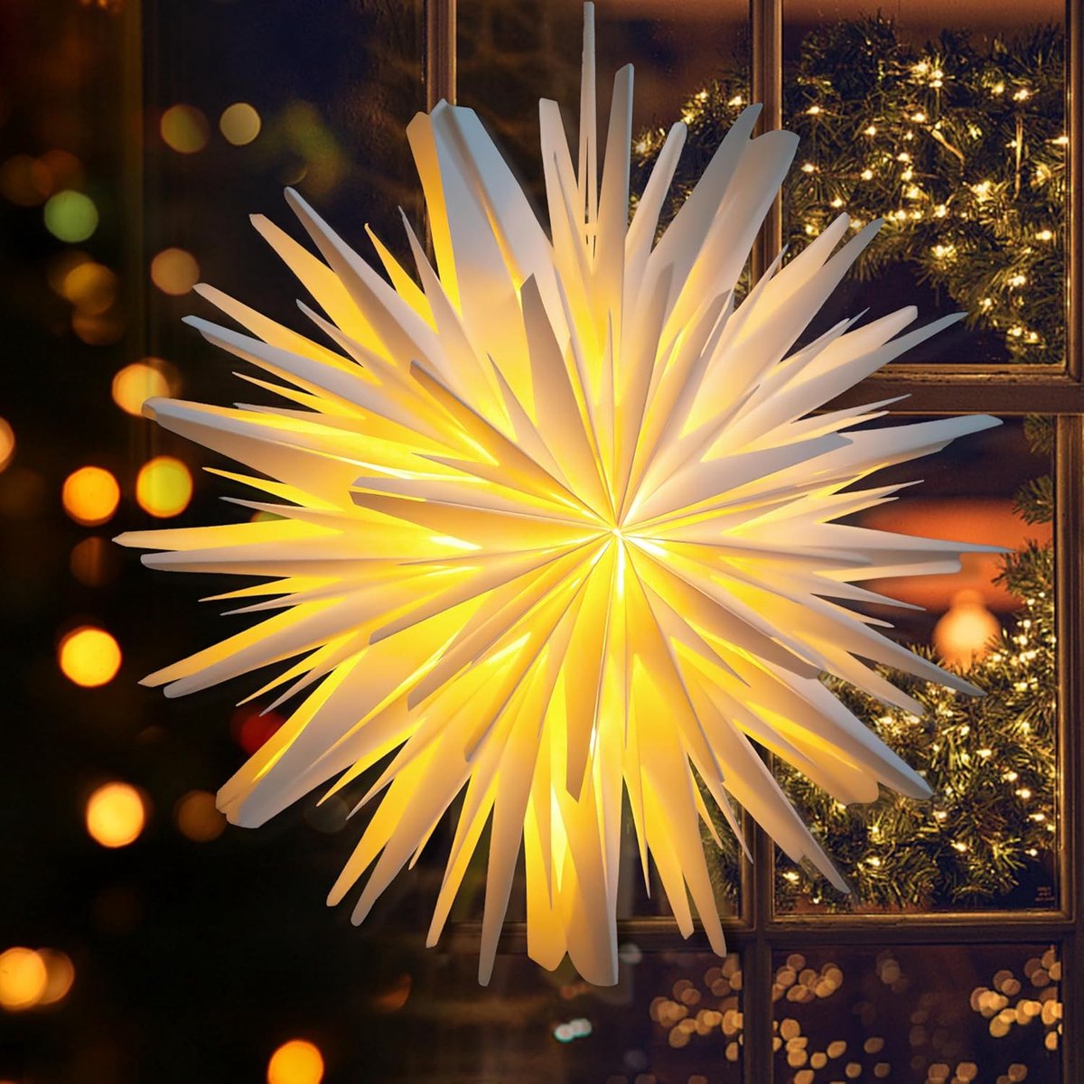 Verlichte Kerstster: Magische LED Decoratie Voor Ramen - 60 Cm Papieren Ster Met Sfeervolle Lichtketting