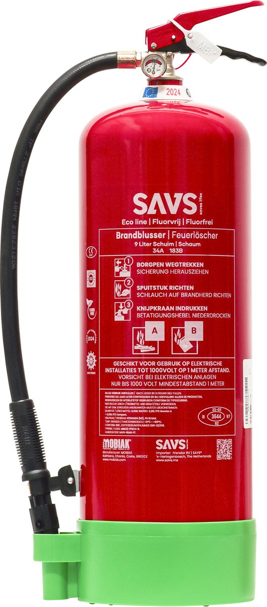 SAVS® Brandblusser schuim 9 liter - 34A 183B - Fluorvrij - Met montagebeugel - Schuimblusser - 9L
