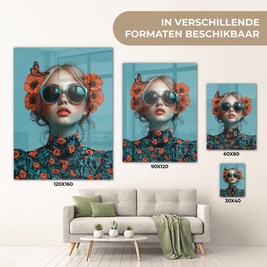 MuchoWow® Glasschilderij 30x40 cm - Schilderij acrylglas - Vrouw - Blauw - Vlinder - Bloemen - Aesthetic - Foto op glas - Muurdecoratie woonkamer - Wanddecoratie slaapkamer - Schilderijen