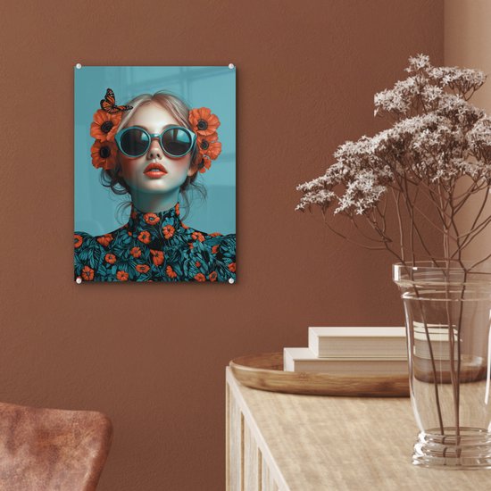 MuchoWow® Glasschilderij 30x40 cm - Schilderij acrylglas - Vrouw - Blauw - Vlinder - Bloemen - Aesthetic - Foto op glas - Muurdecoratie woonkamer - Wanddecoratie slaapkamer - Schilderijen