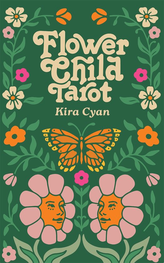 Livre Flower Child Tarot sur fond vert, avec des fleurs, un papillon et deux visages dans des fleurs.