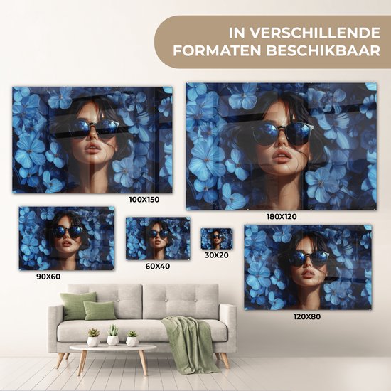 MuchoWow® Peinture sur verre 120x80 cm - Peinture sur verre acrylique - Femme - Blauw - Fleurs - Papillons - Nature - Photo sur verre - Décoration murale salon - Décoration murale chambre - Peintures