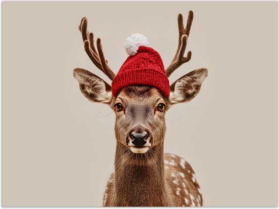 Poster 120x90 cm - Hert - Kerst - Muts - Dieren - Winter - Grappig - Posters - Kamer decoratie - Wanddecoratie woonkamer - Muurdecoratie slaapkamer - Kerstversiering - Kerstdecoratie voor binnen - Kerstmis