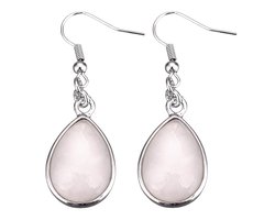 foto van Edelstenen oorbellen Rose Quartz Teardrop - rozenkwarts - sterling zilver (925) - licht roze - wit - zilver - druppel - sieraden zakje - cadeau voor haar - kerst cadeau - Moederdag cadeau