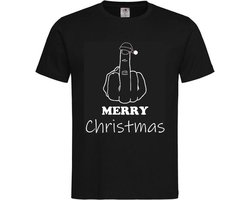 T-shirt Unisex Volwassenen Kerst Kerstmis Man Vrouw Man Grappig Tekst "Merry Christmas met middelvinger" Op Voorkant | korte mouw | Zwart/Wit | maat M