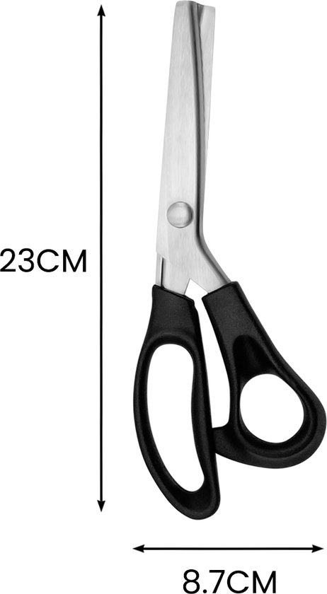 Zwarte kartelschaar van 23 cm lang en 8,7 cm breed.