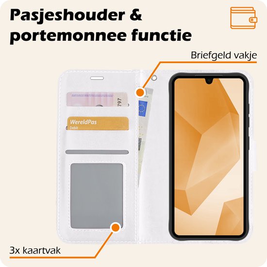 Wit telefoonhoesje in boekstijl, opengeklapt, met vakjes voor pasjes en geld, en een smartphone met oranje geometrisch patroon.