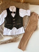 Jongens kostuum- vierdelige jongens pakken - kinderpak jongens- kinderkostuum-set 4 delig-hemd broek vest en vlinderdas- in bruin kaki kleur-speciale gelegenheden-bruidsjonkers-bruiloft-feest-communie-verjaardag-fotoshoot-9 jaar