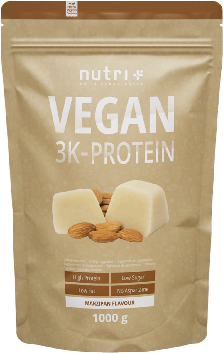 Goedkoopste nutri Vegan 3K Protein - Eiwitpoeder Marsepein - Veganistisch proteïne poeder - met proteïnen uit soja, erwten en zonnebloem - lactosevrij en glutenvrij - 1000 g