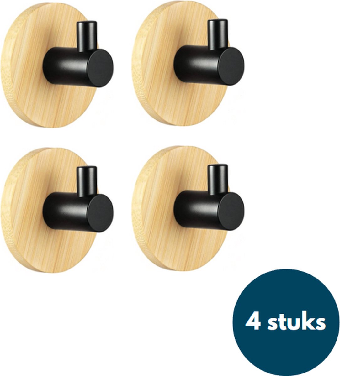 Kapstok haken hout - Bamboe hout zwart - Wandhaken - Wandkapstok - Zelfklevende haakjes - Plakhaakjes - Rond - 4 stuks
