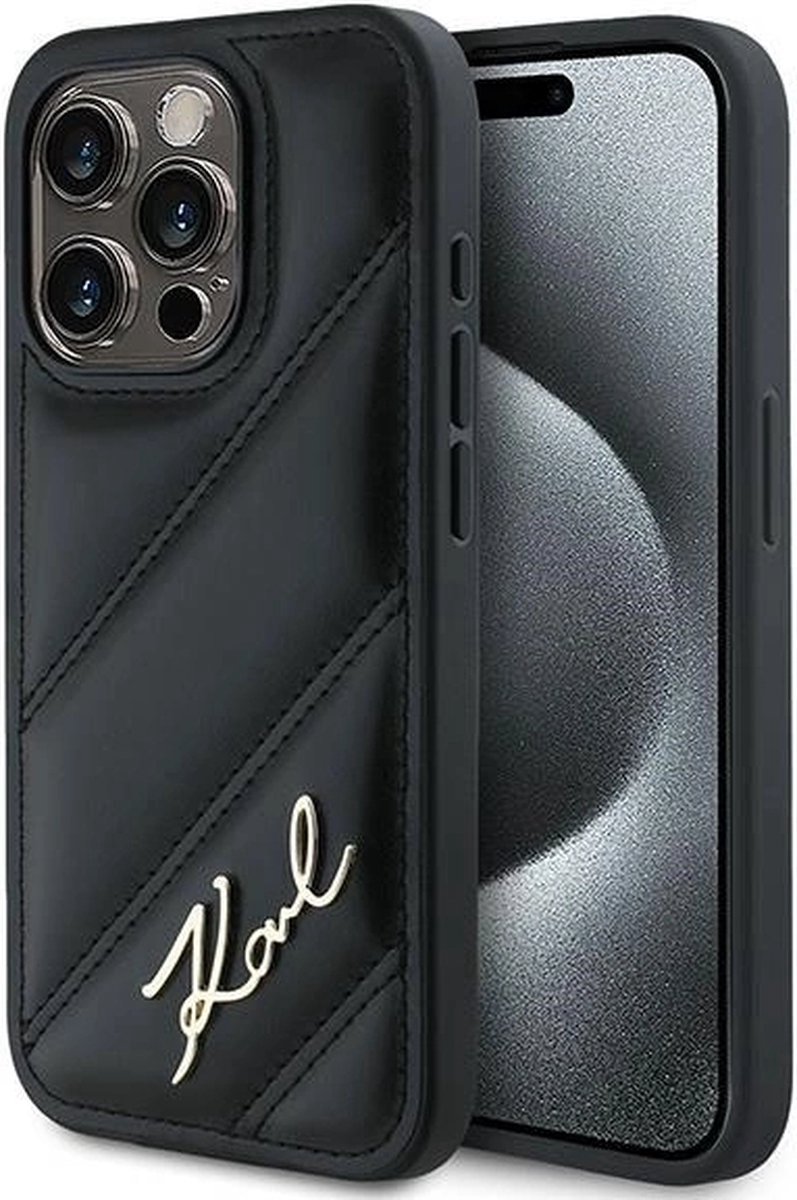 Karl Lagerfeld Diagonal Quilted Script hoesje voor iPhone 14 Pro - zwart