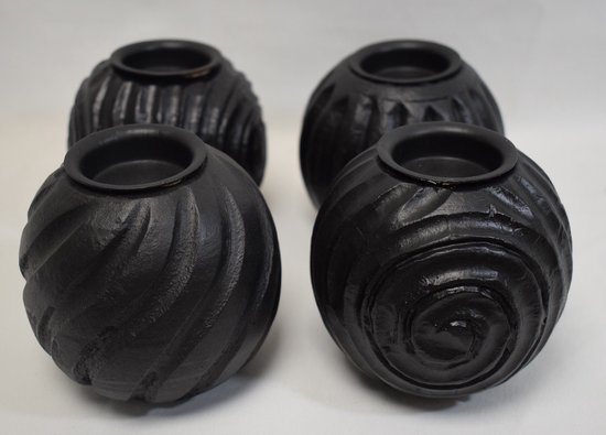 ZoeZo Design - waxinelichtjeshouder - 4 stuks - assorti - bol - zwart - aardewerk - Ø 9 cm - H 9 cm