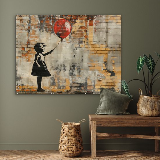 MuchoWow® Peinture sur verre 120x90 cm - Peinture sur verre acrylique - Graffiti - Style Banksy - Fille avec ballon - Photo sur verre - Décoration murale salon - Décoration murale chambre - Peintures