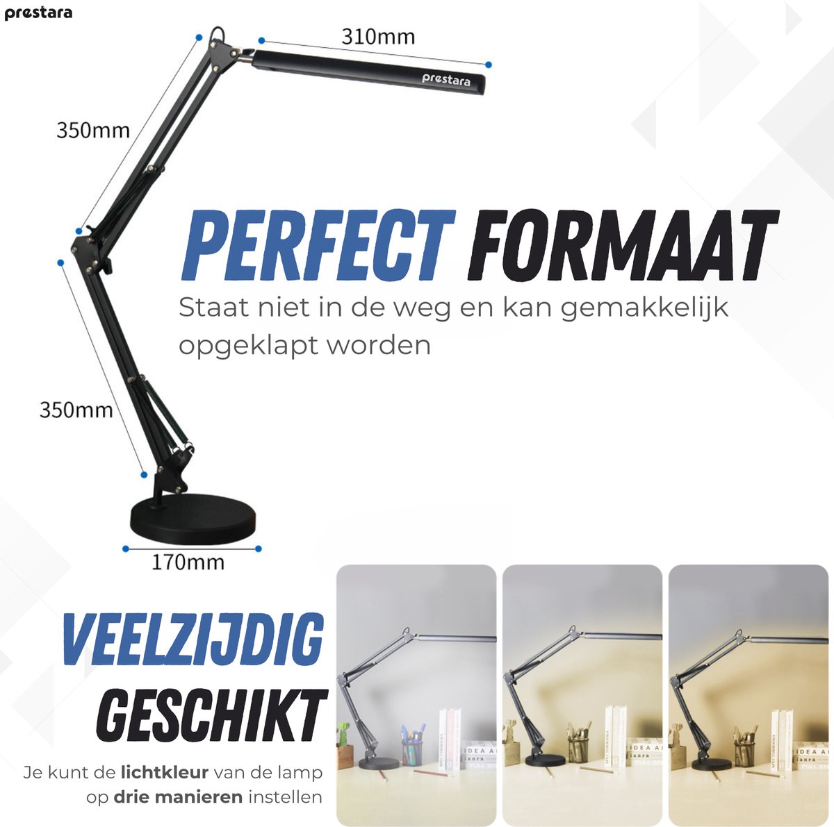 Prestara USB LED bureaulamp – dimbaar & flexibel – met verstelbare arm & klem – 37 cm hoog – zwart thumbnail 5