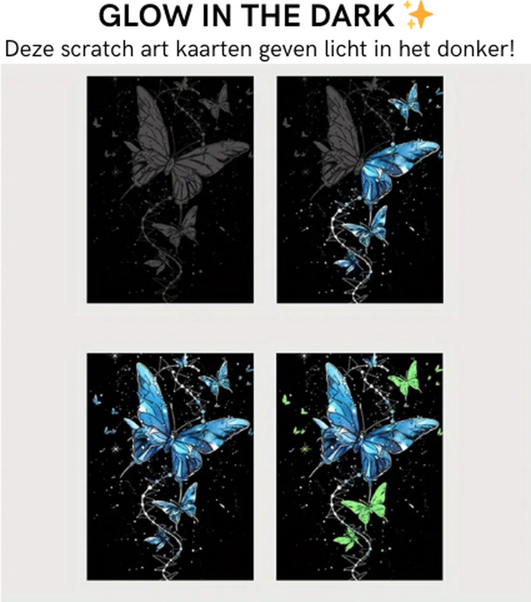 Glow in the Dark Scratch Art 4x A4 Deluxe Set | Incl. 7 Tools | Magic Kras Tekeningen Kraskaarten Krasfolie Kraskaart | Kinderen en Volwassenen Knutselen Tekenen | Painting Schilderen op Nummer Diamond Painting | Knutselpakket Tekenpakket — afbeelding 6