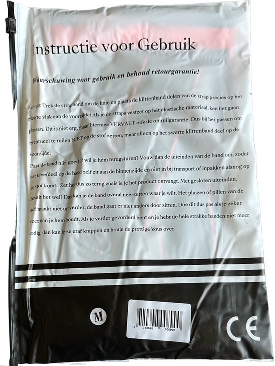 Verpakking van een kniebrace met gebruiksinstructies en CE-markering.