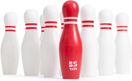 BS Toys Bowling Kegelspel - Actiespel - Bowlingset Kinderen - Spelletjes voor kinderen - Hout - Kinder Speelgoed 4 Jaar - Rood & Wit - 10 Kegels - Kinderspeelgoed - Cadeau kind