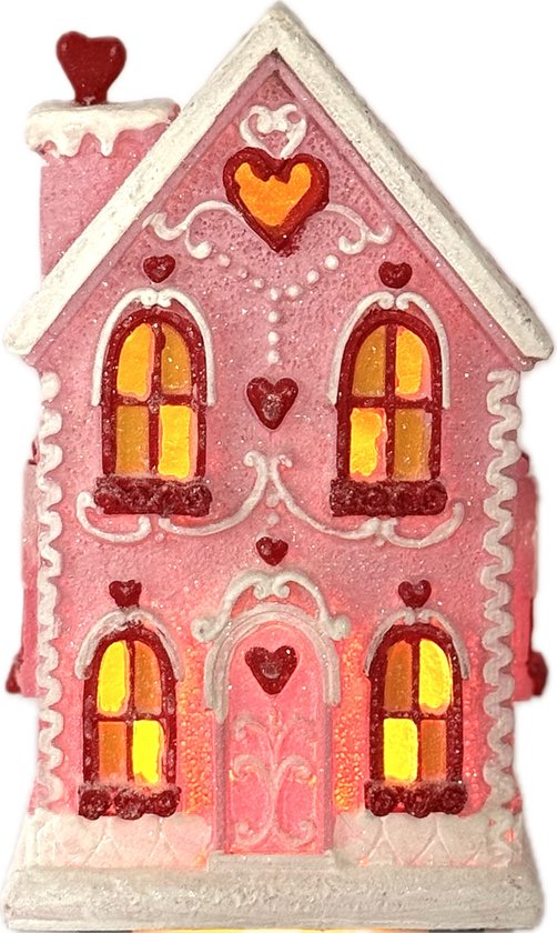 Schattig Roze Kersthuisje met Hartjes en Lampje - kerstdorp huisje- kerstdecoratie voor binnen