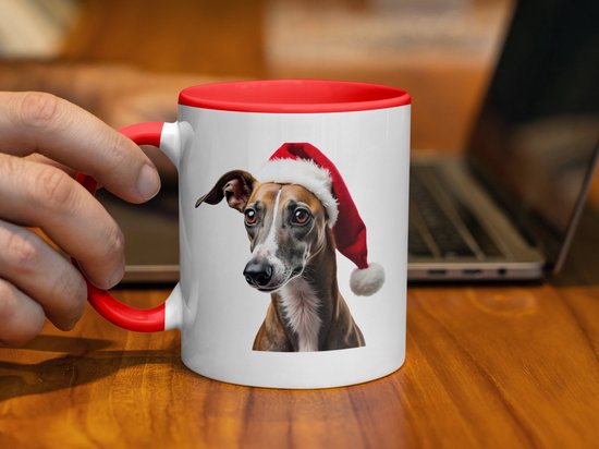 Spanish Greyhound Kerstmis mok met rode binnenkant, Spaanse Windhond, creatieve kerstcadeau mok met hond afbeelding, schattige dierenmok voor feestdagen, Merry Christmas