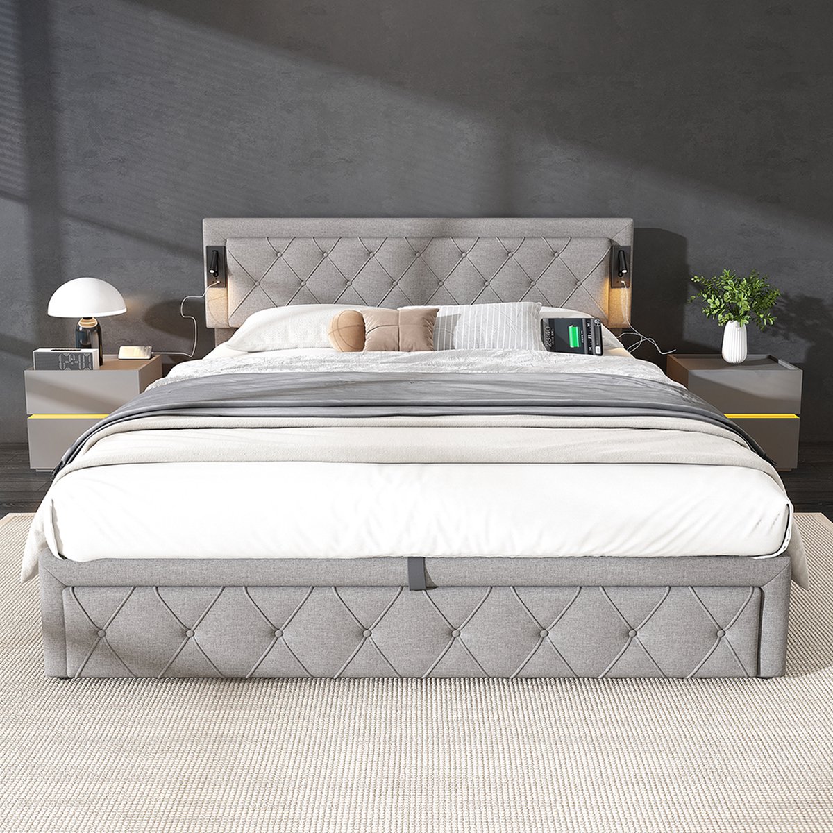 KOMHTOM Tweepersoonsbed Gestoffeerd bed 180x200 met downlight USB-aansluiting opbergbed houten latten linnen grijs