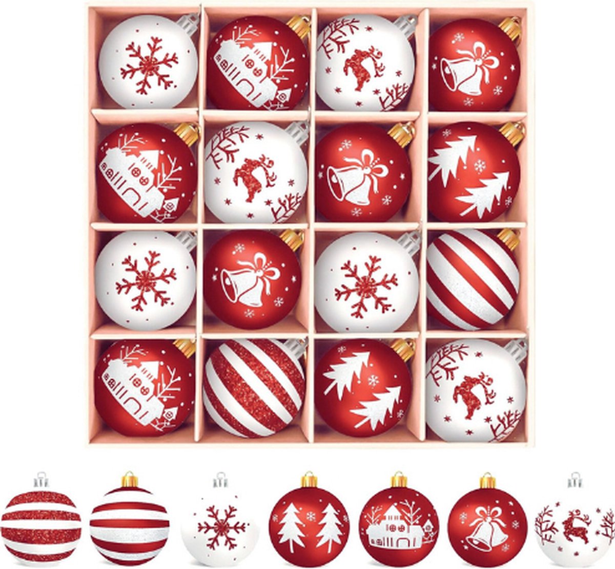 Kerstballen Kunststof Kerstboomversiering 16 Stuks – Rood-Wit Kerstdecoratie Met Sleutelhanger – Perfecte Kerstboomversiering Voor Feestdagen