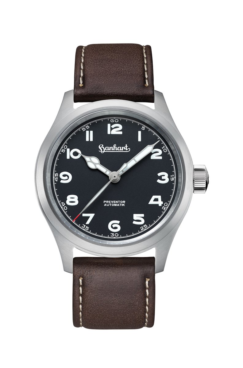 Hanhart Preventor HD12™ - Horloge zwart - Donkerbruine lederen band - 39 mm
