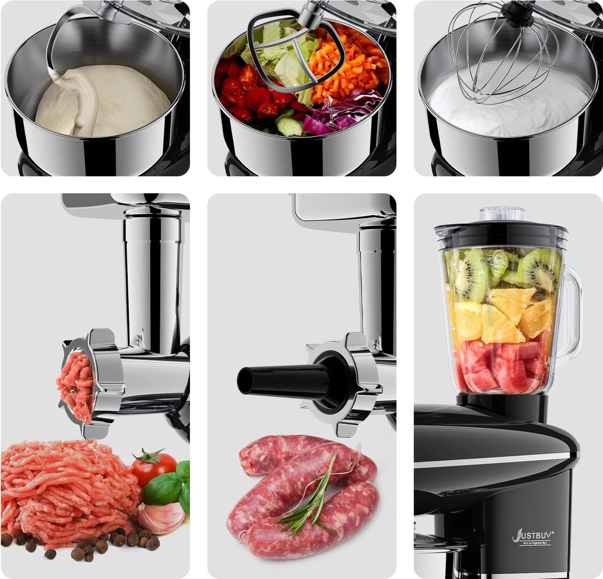 3 In 1 Keukenmachine - Keukenrobot - 1500W - Foodprocessor Met Blender, Vleesmolen, Garde, Deeghaak, Menghaak - 5,5 Liter - Zwart – foto 3