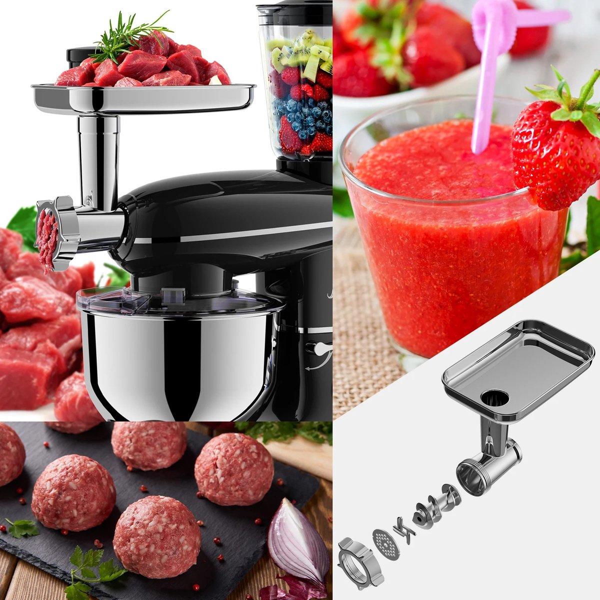 3 In 1 Keukenmachine - Keukenrobot - 1500W - Foodprocessor Met Blender, Vleesmolen, Garde, Deeghaak, Menghaak - 5,5 Liter - Zwart – foto 2