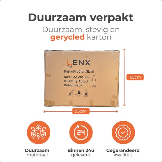 Zwarte kartonnen verpakking voor een flipover, afmetingen 95x65cm. "Duurzaam verpakt".