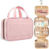 Linpr Dames Make-uptas, 3 Stuks Waterdichte Leren Organizer, Multifunctionele Grote Cosmeticatas, Reistas, PU Gestreepte Leren Toilettas (Roze