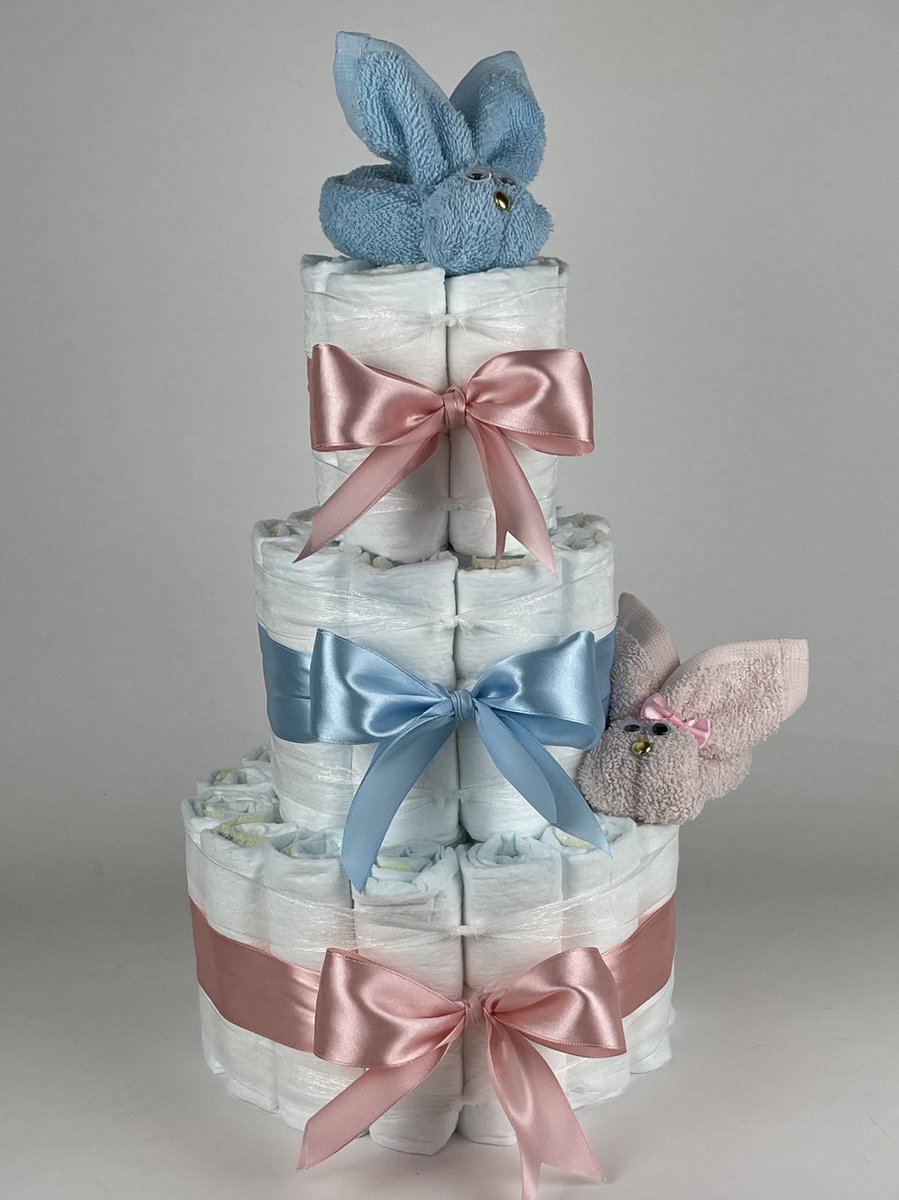 Goedkoopste Chouette-Chouette | Luiertaart Tweeling | Kraamcadeau | Geboorte Jongen Meisje | Babyshower | Konijnen Blush roze - licht Blauw - donker Poeder Roze - Blauw