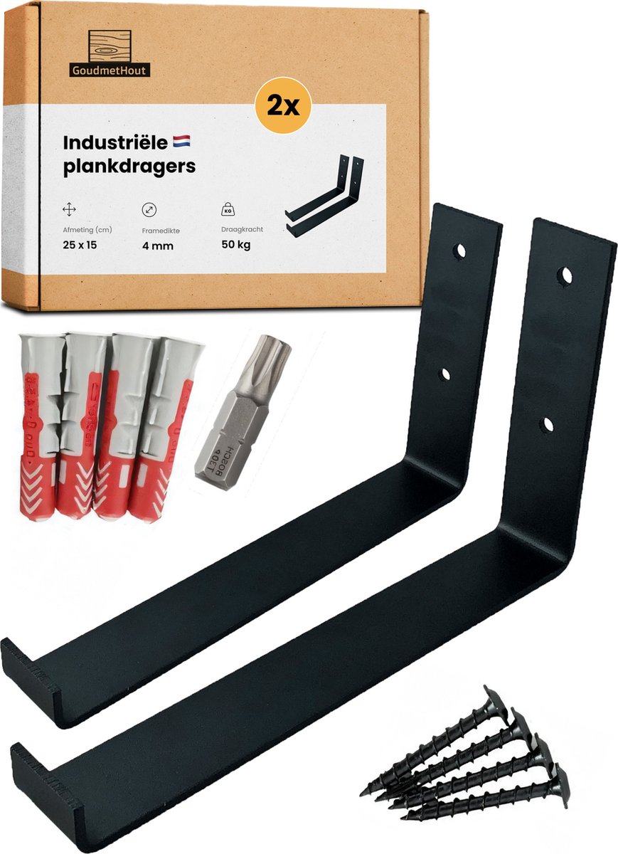 GoudmetHout® Industriële Plankdragers L-vorm UP - 25 cm - Stalen Plankdrager voor Wandschap, Muurrek of Wandconsole - Max 50 kg - 2 Stuks - Mat Zwart