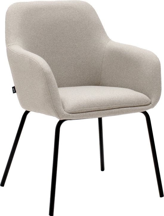 Chaise de salle à manger grise avec assise en tissu, accoudoirs et pieds en métal noir.