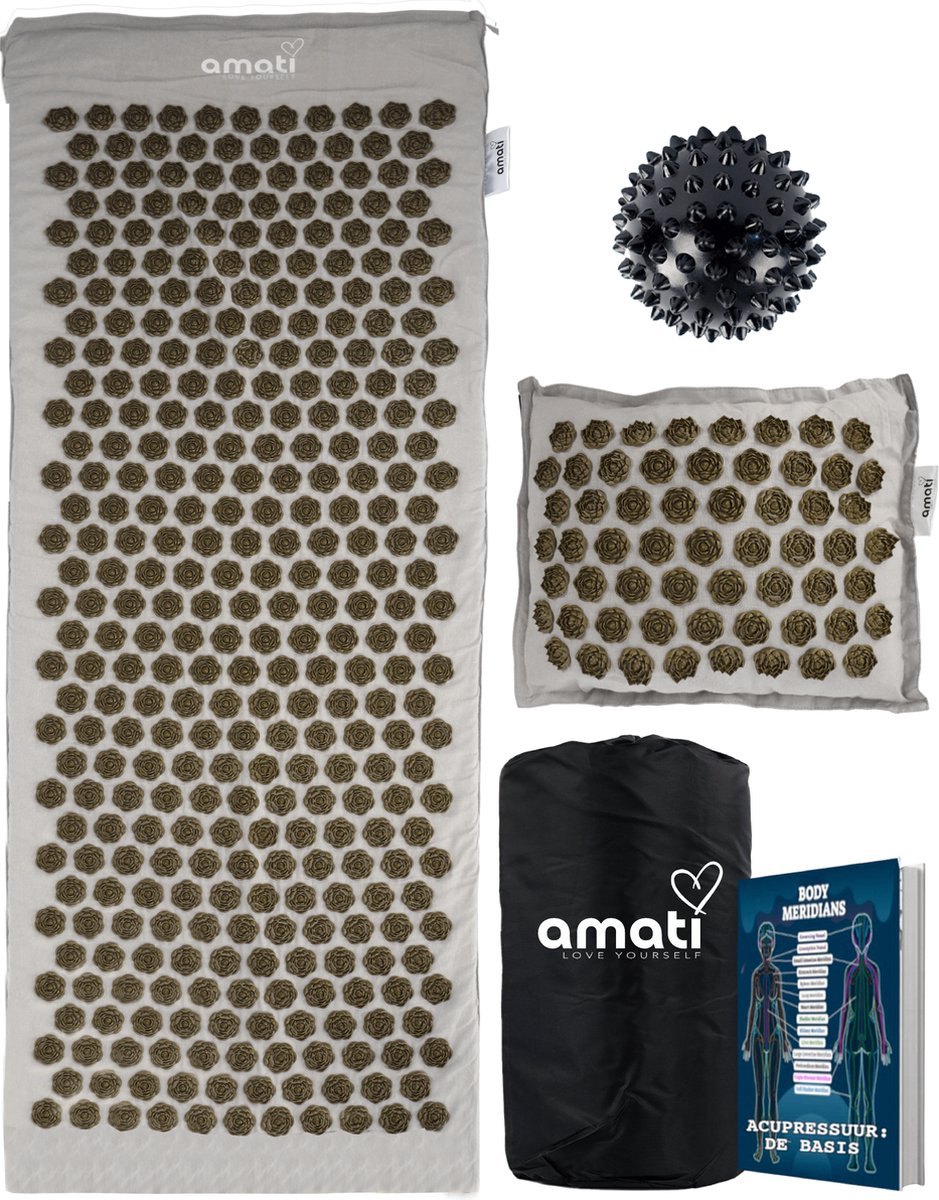 Goedkoopste Amati Spijkermat XL - 130 x 50 cm - met kussen - Massagebal - Acupressuur Mat - Shakti Mat - Grijs