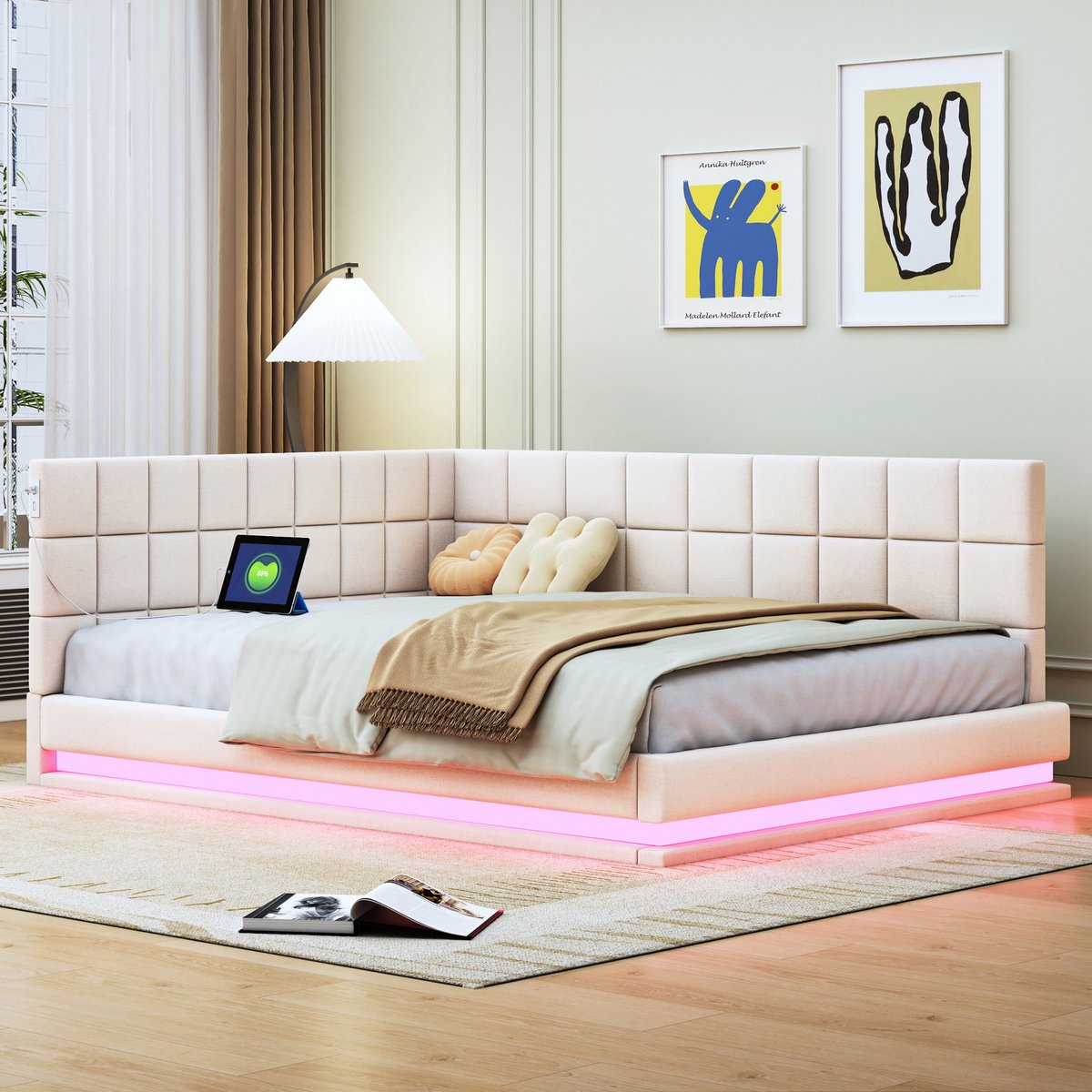 Sweiko Slaapbank 140*200cm, multifunctioneel gestoffeerd bed met LED-strip en USB-aansluiting, lattenbodem, fluweelstof, beige