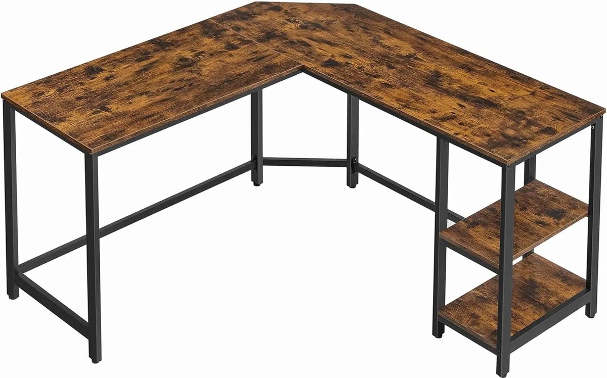 PolderGoods Bureautafel voor computer - Hoekbureau met 2 planken - 138x138x76cm - Bruin Vintabreun-Zwart