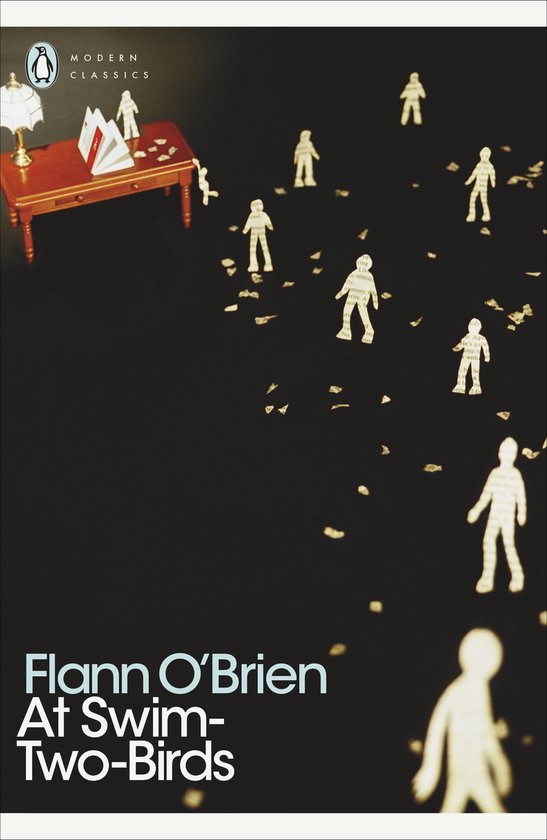 Couverture de livre avec des silhouettes en papier et un bureau rouge. Titre : Flann O'Brien At Swim-Two-Birds.