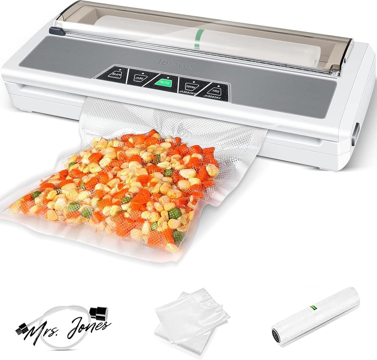 Mrs. Jones Vacuümmachine 80 Kpa roestvrij staal vacumeerapparaat - droge en vochtige levensmiddelen - cutter en folierollen - vacuümfolie - flexibele slangen .