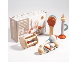 foto van Dreumes & Peuter Muziekinstrumentenset, 5-delig Montessori Houten Speelgoed, Muziekspeelgoed vanaf 1 jaar, Muziekset - Cadeau