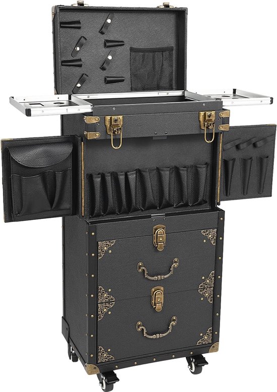 Cosmeticakoffer, make-up, kapperskoffer, nagelkoffer met 3 laden, beautycase, koffer met wielen, cosmetica, trolley, multikoffer
