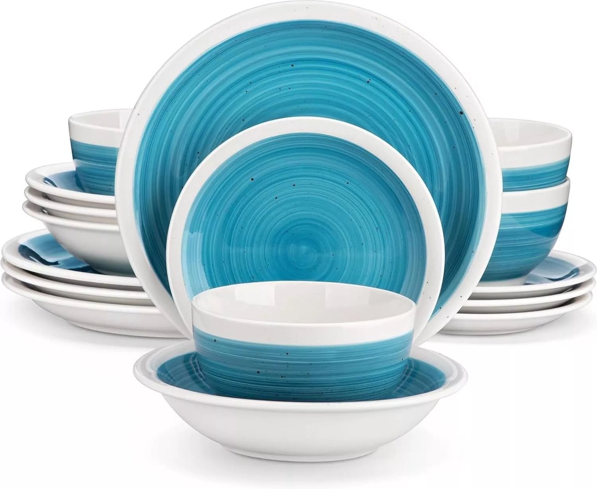 Luxe Serviesset – 16 delig – 4 persoons – Porselein - Bordenset – Dinner platen – Dessertborden - Kommen - Pastabord - Blauw